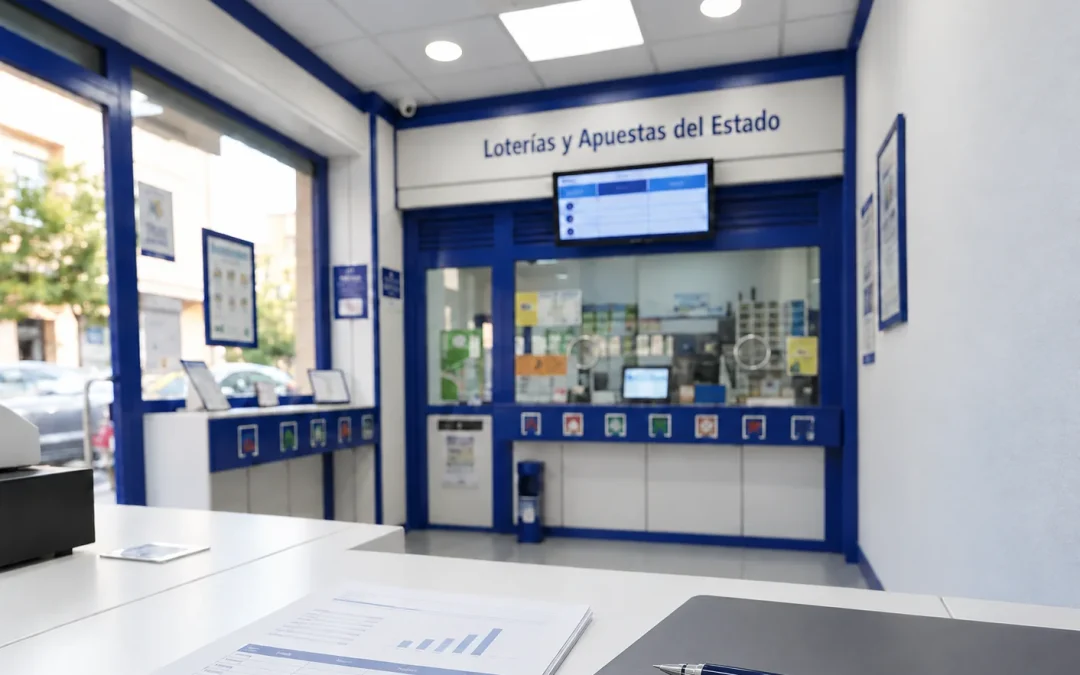 Portátil cerrado con un bolígrafo y documentos financieros sobre el mostrador de una Administración de Loterías