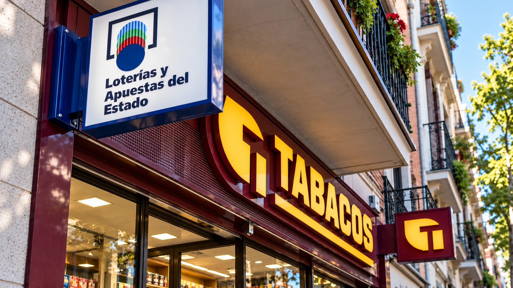 Fachada de un estanco con rótulo de Tabacos y distintivo de Loterías y Apuestas del Estado