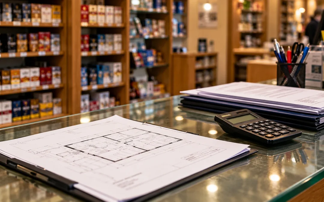 Plano de un local de estanco sobre el mostrador, junto a una calculadora y documentos para valorar la venta del negocio y del inmueble.