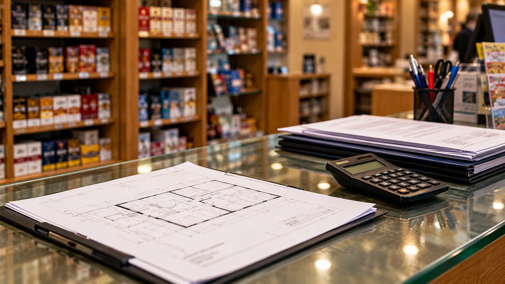 Plano de un local de estanco sobre el mostrador, junto a una calculadora y documentos para valorar la venta del negocio y del inmueble.